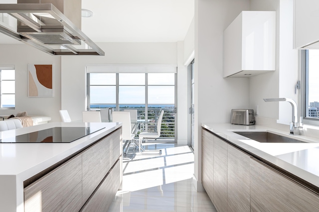 kitchen with sink, black electric stovetop, and island exhaust hood