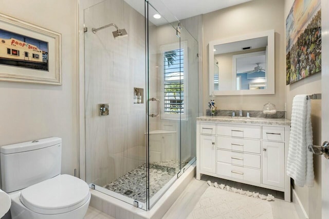 bathroom with vanity, walk in shower, and toilet