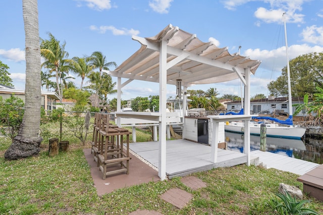 exterior space with a pergola and a boat dock