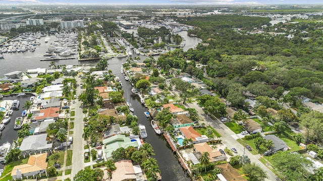 bird's eye view with a water view