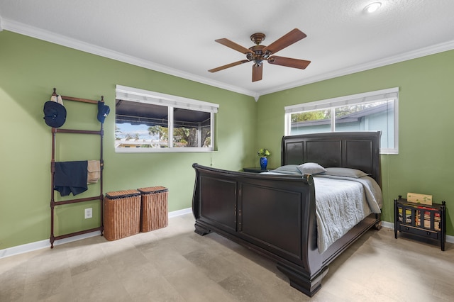 bedroom featuring ceiling fan and ornamental molding