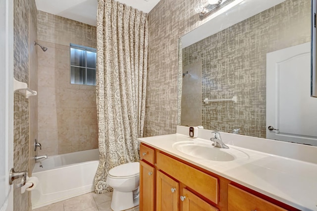 full bathroom featuring vanity, tile patterned floors, shower / bath combination with curtain, and toilet