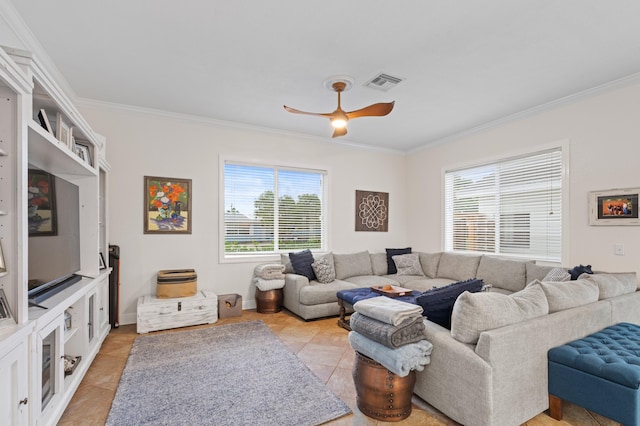 812 NW 26th St, Wilton Manors, FL 33311 - living area featuring crown molding, a ceiling fan, light tile patterned floors, and baseboards