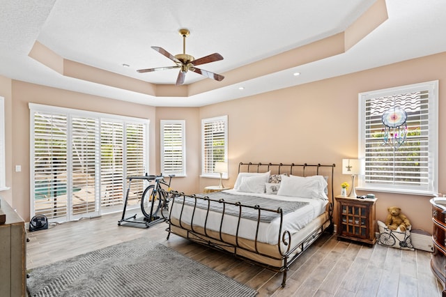 bedroom with a tray ceiling, wood finished floors, and a ceiling fan