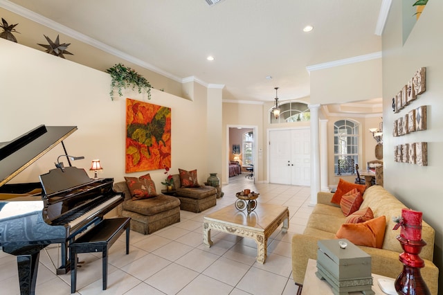 living room featuring recessed lighting, decorative columns, crown molding, and light tile patterned flooring