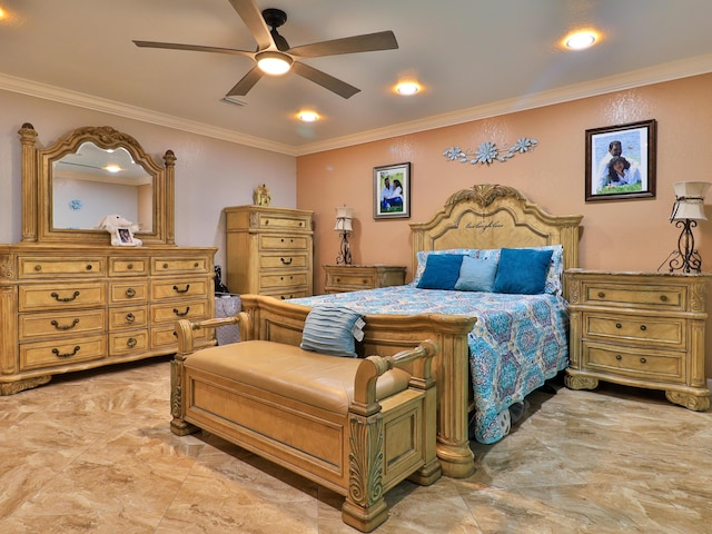 bedroom featuring ornamental molding and ceiling fan