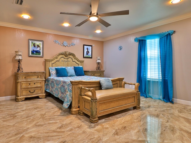 bedroom featuring crown molding and ceiling fan