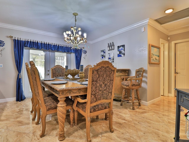 dining space with french doors, ornamental molding, and an inviting chandelier