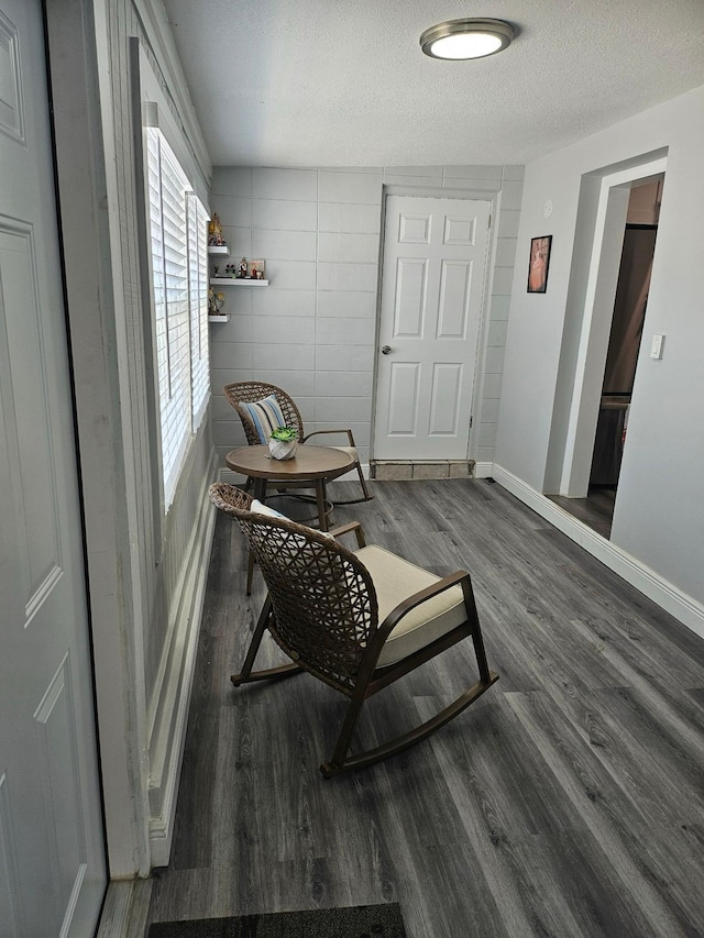 living area featuring dark hardwood / wood-style flooring and a textured ceiling