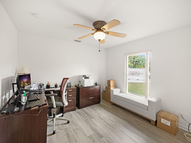 office space featuring ceiling fan and light wood-type flooring
