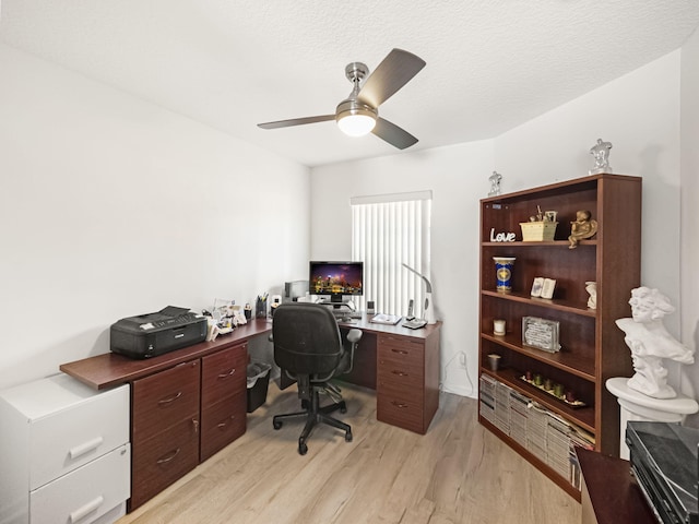 office space featuring ceiling fan, a textured ceiling, and light hardwood / wood-style floors