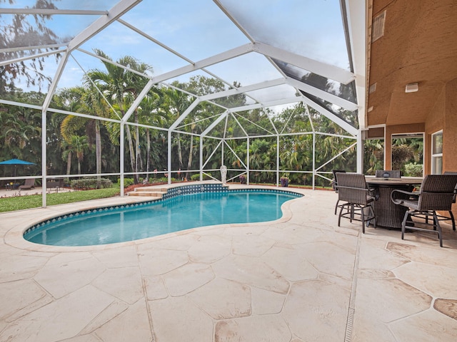 view of swimming pool with a patio and a lanai