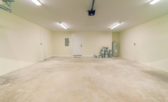 garage with a garage door opener, electric water heater, and electric panel