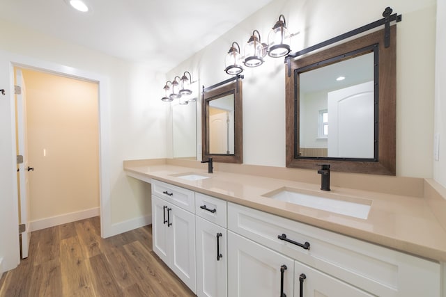 bathroom featuring hardwood / wood-style flooring and vanity