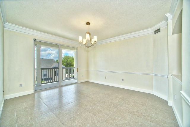 empty room with visible vents, crown molding, a textured ceiling, and an inviting chandelier