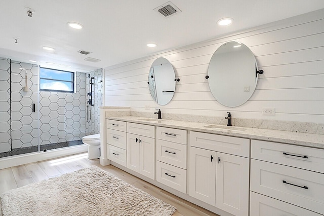 bathroom with vanity, toilet, and walk in shower