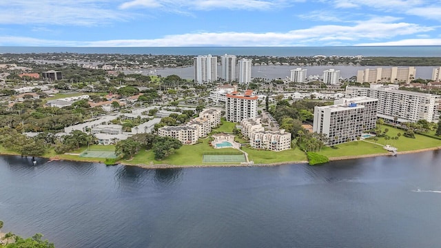 aerial view featuring a water view