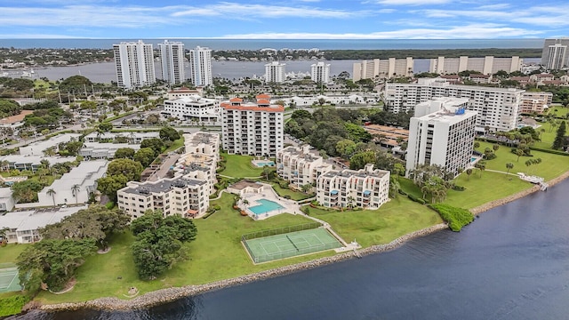 drone / aerial view featuring a water view