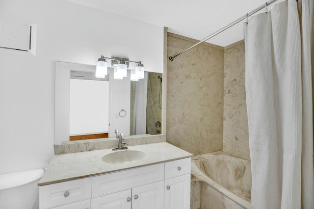 full bathroom featuring toilet, vanity, and shower / bathtub combination with curtain