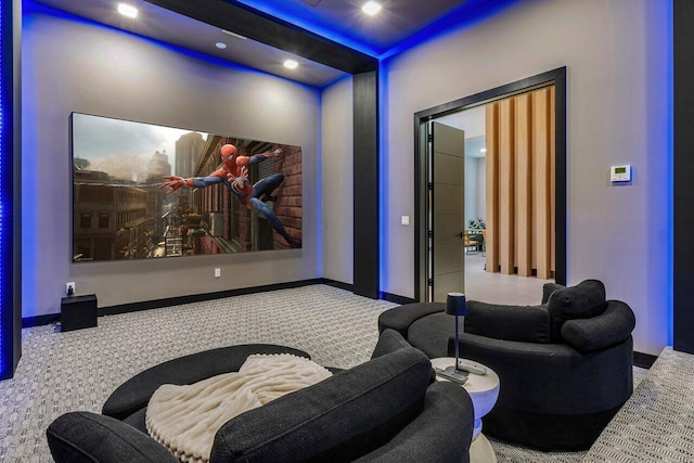 home theater room featuring carpet flooring