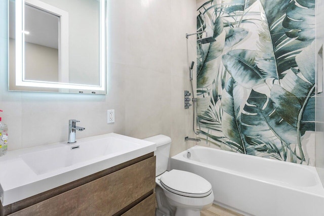 full bathroom featuring vanity, shower / bathtub combination with curtain, and toilet