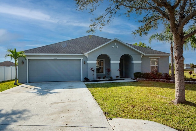 single story home featuring a garage, fence, concrete driveway, stucco siding, and a front lawn