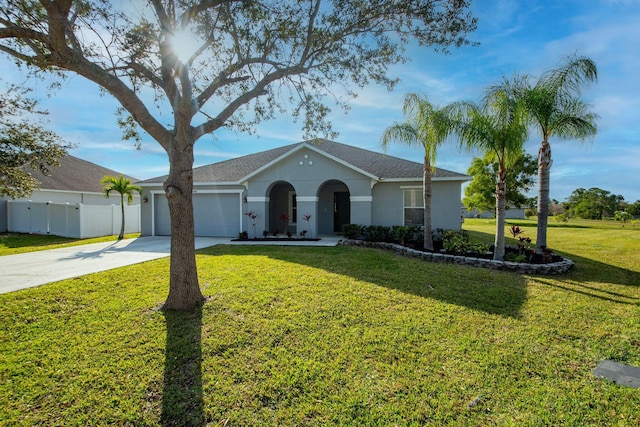 ranch-style house with a garage, driveway, fence, a front lawn, and stucco siding