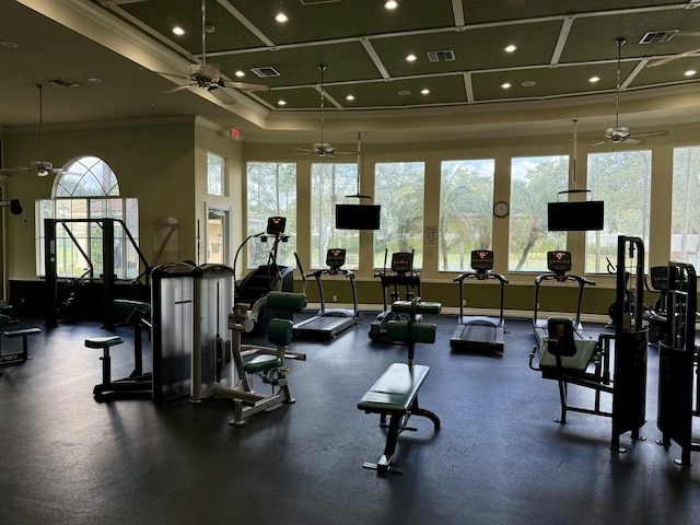 workout area featuring crown molding and ceiling fan