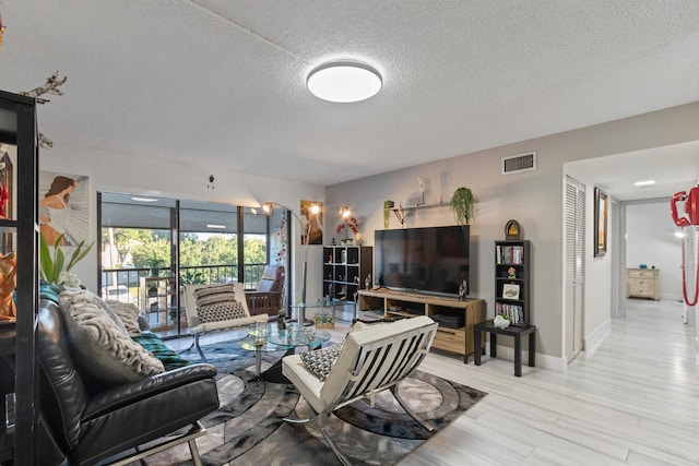 living room with a textured ceiling and light hardwood / wood-style flooring