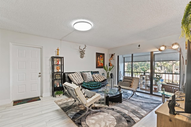 living room featuring a textured ceiling and light hardwood / wood-style floors