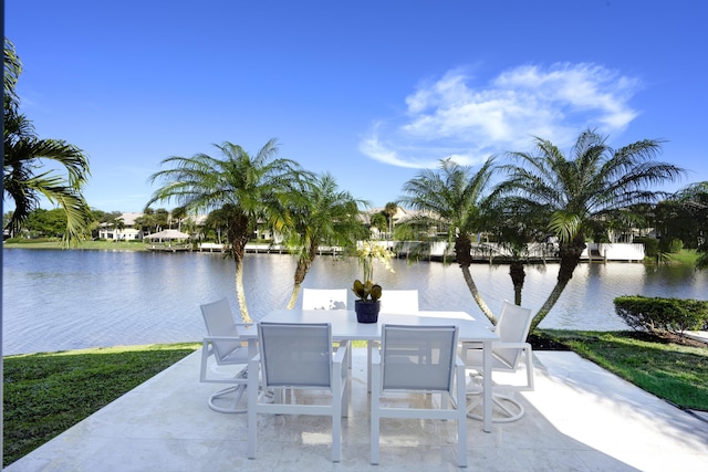 view of patio with a water view