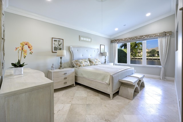 bedroom featuring ornamental molding and lofted ceiling