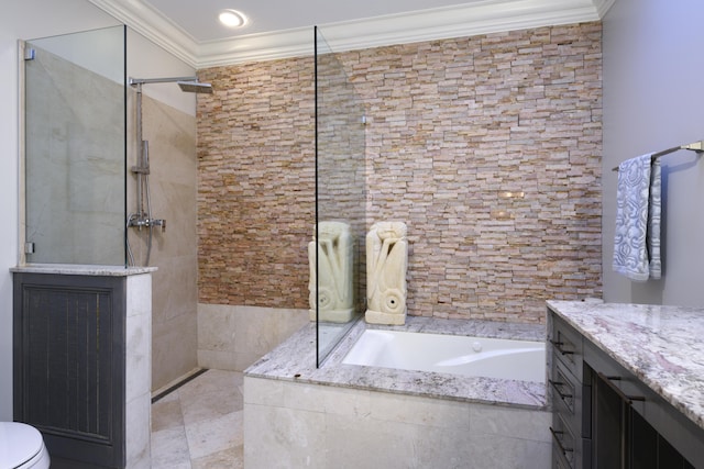 bathroom featuring shower with separate bathtub, ornamental molding, and vanity