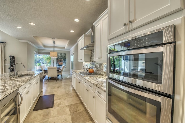 kitchen featuring white cabinetry, sink, hanging light fixtures, a tray ceiling, and stainless steel appliances