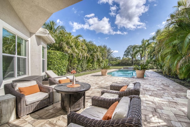 view of swimming pool featuring a patio area