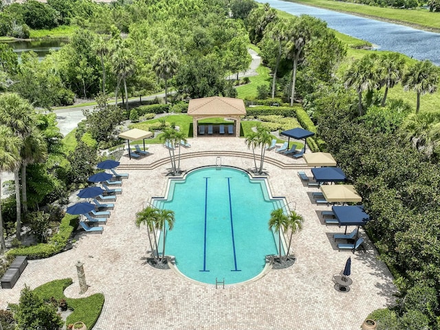 view of swimming pool with a gazebo and a patio