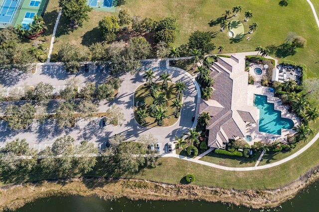 birds eye view of property featuring a water view