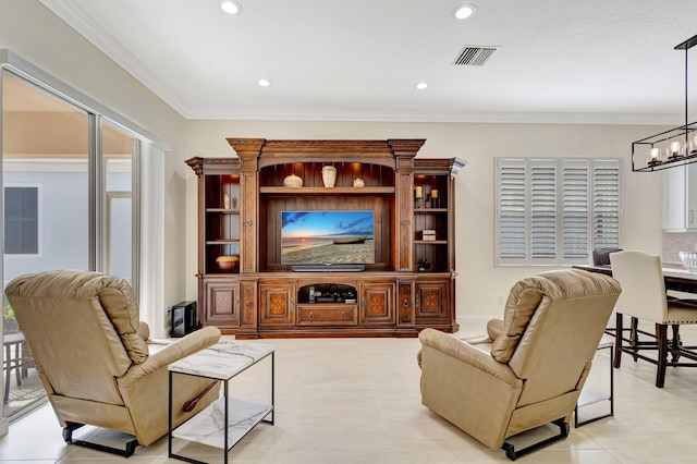 living area featuring a chandelier, recessed lighting, crown molding, and visible vents