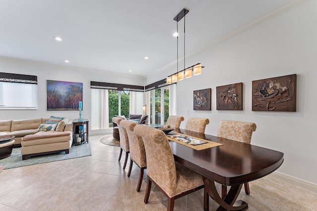 tiled dining space with crown molding