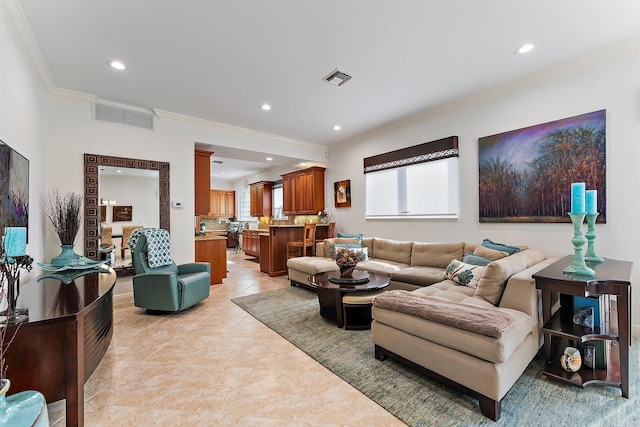 tiled living room featuring ornamental molding