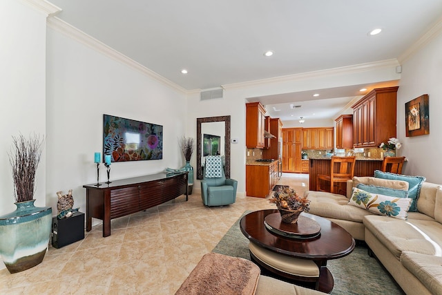 living room with crown molding