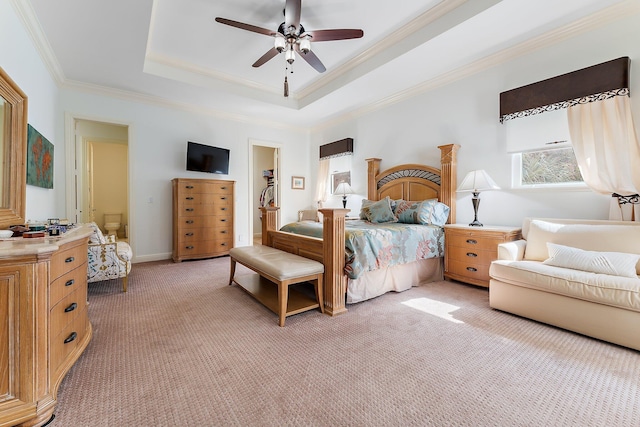 bedroom featuring crown molding, ceiling fan, carpet, a spacious closet, and a raised ceiling