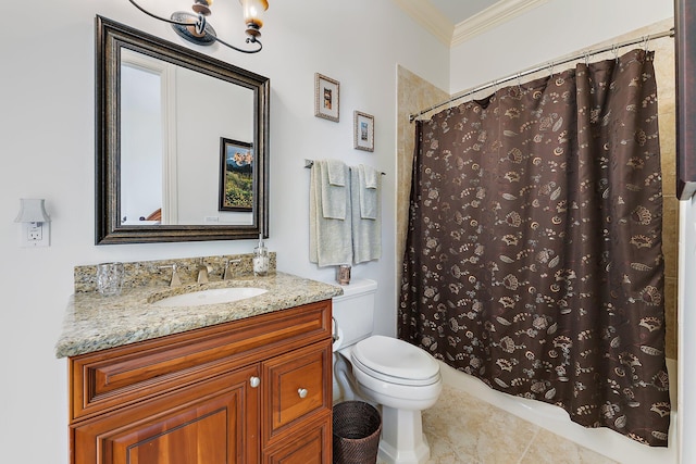 bathroom with vanity, curtained shower, ornamental molding, and toilet