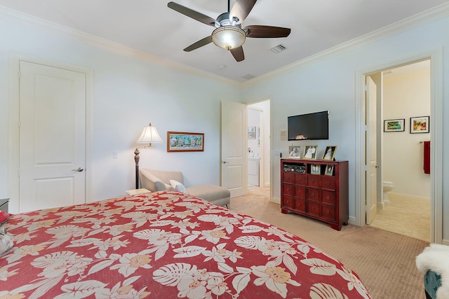 carpeted bedroom featuring washer / clothes dryer, crown molding, connected bathroom, and ceiling fan