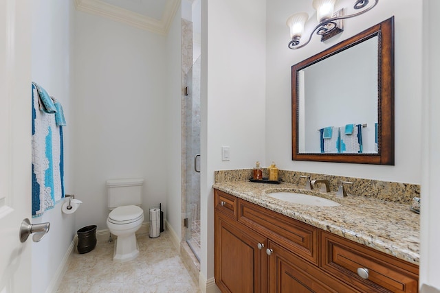 bathroom featuring tile patterned flooring, vanity, ornamental molding, a shower with shower door, and toilet