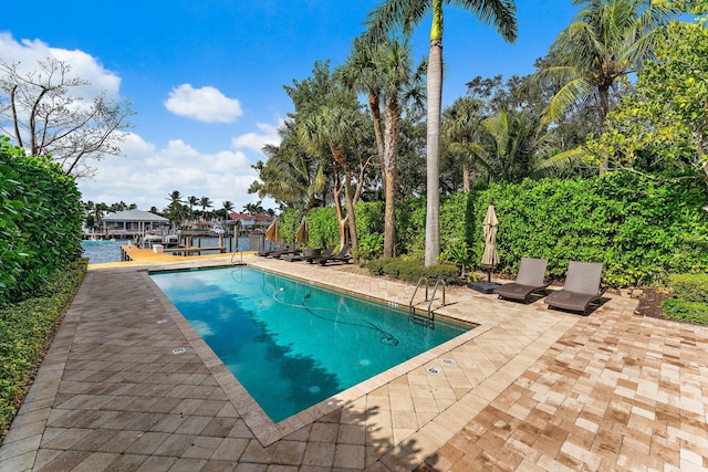 view of pool with a patio area and a boat dock