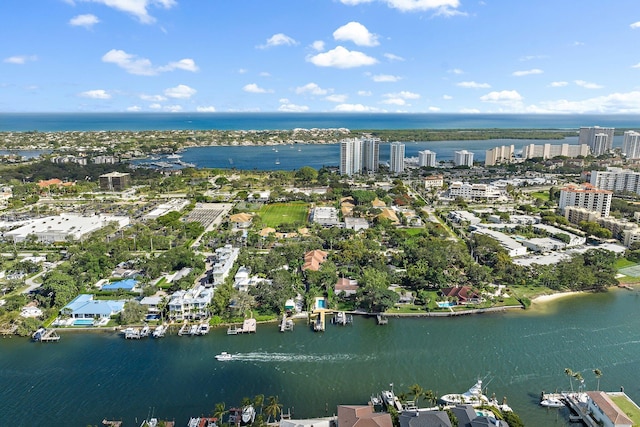 birds eye view of property featuring a water view