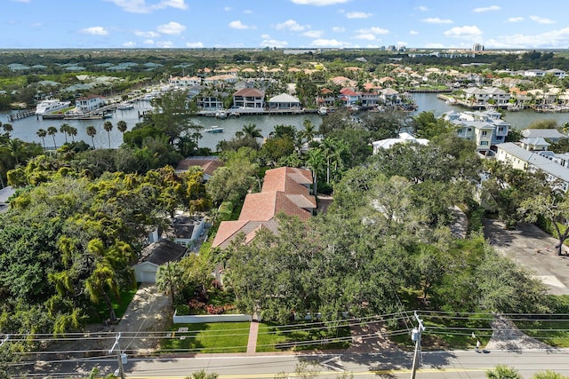 drone / aerial view featuring a water view