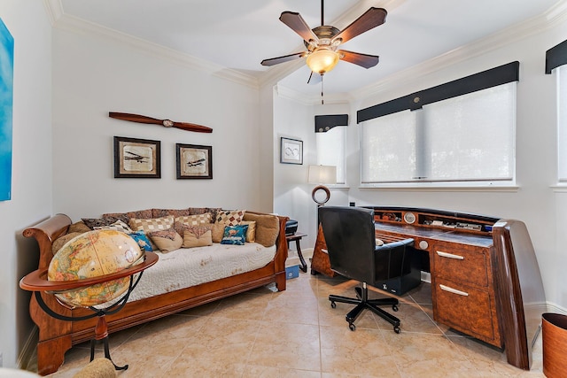 tiled office space with crown molding and ceiling fan