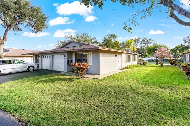 view of home's exterior with a garage, a yard, aphalt driveway, and stucco siding